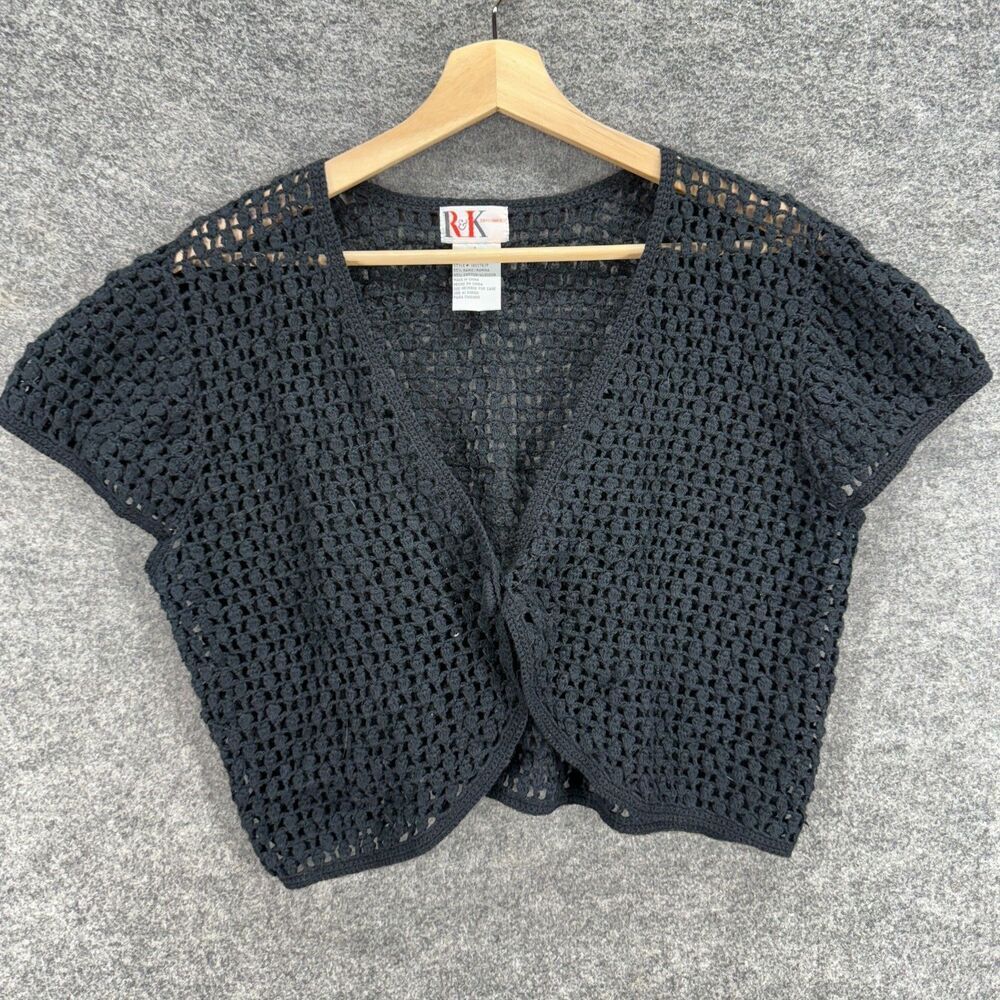 R&K Originals Top Women L Large Black One Button V-Neck Short Sleeve Crochet